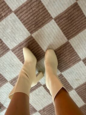 Cream Knit Ankle Sock Boots with Block Heel